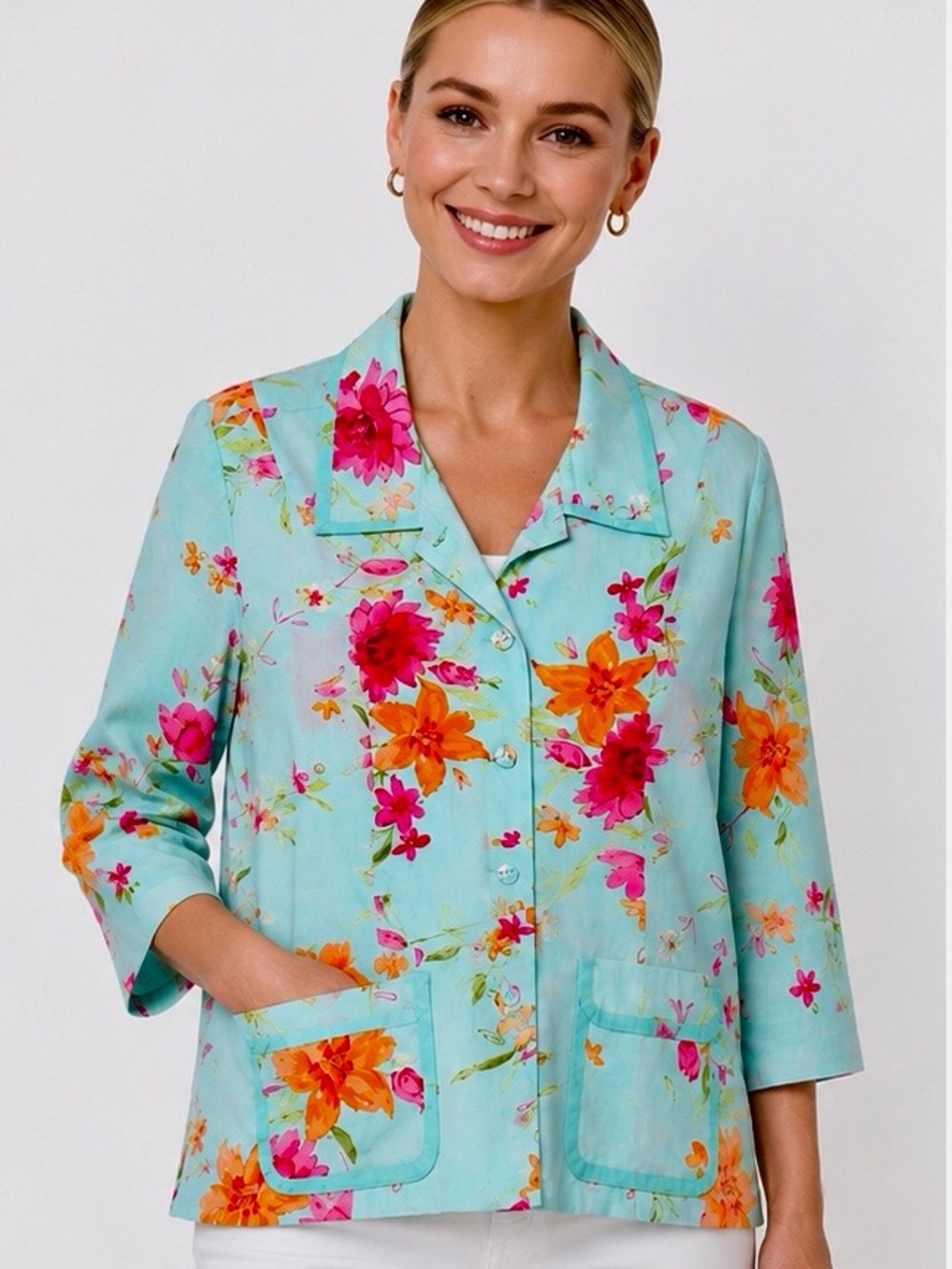 Emma James Floral Linen Blend Jacket Blazer Size 16 Mint Pink Orange Spring